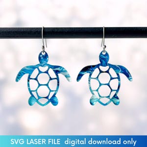 Archivo SVG para láser de aretes de tortuga marina, aretes colgantes con temática oceánica cortados con láser, aretes de acrílico y madera en capas, proyecto de joyería Glowforge