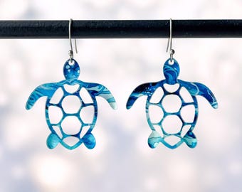 Sea Turtle earrings SVG laser file, laser cut dangle drop ocean themed earrings, layered acrylic & wood earrings, Glowforge jewelry project