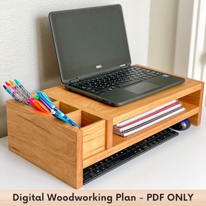 Laptop Stand Woodworking Plans PDF, Build Plans for DIY Monitor Stand with Storage, Digital Instructions for How to Build a Desk Shelf