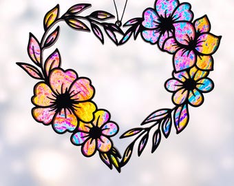 Floral Heart Suncatcher Laser File, Flower Heart Sun Catcher SVG Glowforge Laser Cut File, Window Hanging Decoration, Gift for Mother's Day
