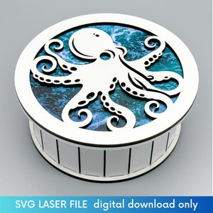 Octopus Trinket Box Laser File - Laser Cut Ocean Themed Gift Box - Round Jewelry Box with Decorative Lid - Glowforge SVG File