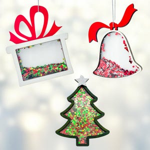 Christmas Glitter Shaker Ornament Laser Cut File Bundle includes Bell, Tree and Gift Box Snow Globe Shaker Ornaments Glowforge Laser Files