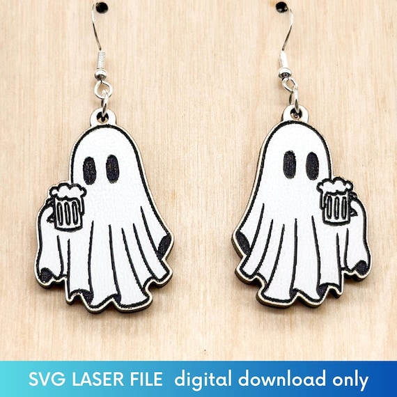 Cute Ghost with Beer Mug Earrings SVG, Halloween Dangle Earrings SVG, Funny Ghost SVG Laser Cut Files, Spooky Season Gift, Glowforge xTool