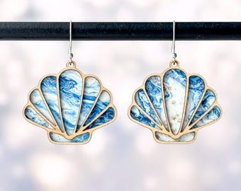 Sea shell earrings SVG laser file, laser cut dangle drop ocean themed earrings, layered acrylic & wood earrings, Glowforge jewelry project