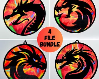 Dragon Suncatcher Laser File Bundle, Dragon Christmas Ornament Laser Cut Files, Layered Dragon Decor, Laser Ready SVG Bundle of 4 Designs