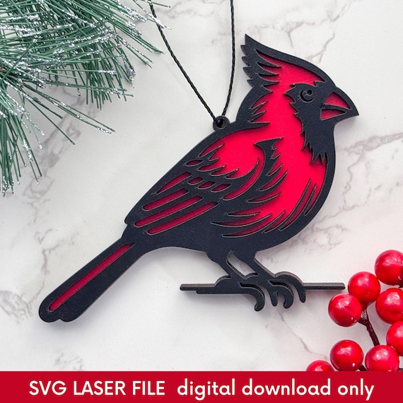 Cardinal Ornament Laser File, Cute Bird Art Hanging Decor SVG, Red Cardinal Glowforge Cut File, Gift for Bird Lovers, DIGITAL