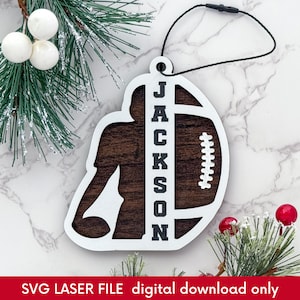 Adorno navideño de fútbol con archivo láser SVG, adorno de jugador de fútbol personalizado en capas SVG, archivo de corte láser Glowforge, DIGITAL