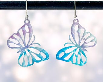 Butterfly earrings SVG laser file, laser cut dangle drop butterfly earrings, layered acrylic & wood earrings, Glowforge jewelry project