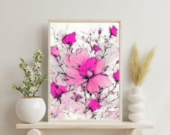 Bold Pink Fuchsia Wall Art | Ink Sketch Botanical Printable | Expressive Flower Digital Download | Eclectic Home Decor