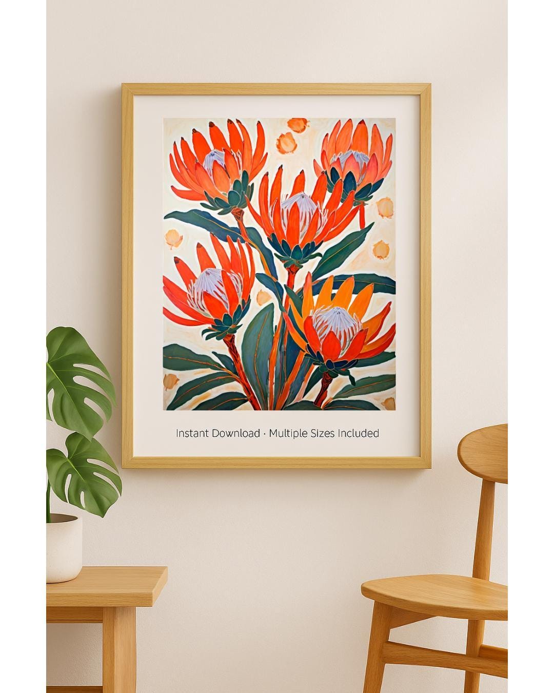 Bold Orange Protea Wall Art | Modern Botanical Printable Art | Expressive Flower Digital Download | Maximalist Home Decor