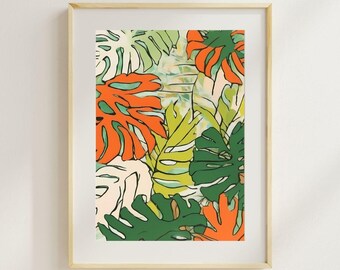 Decorazione murale con foglie di Monstera / Pianta tropicale stampabile / Download digitale con giungla vibrante / Decorazioni botaniche colorate per case moderne