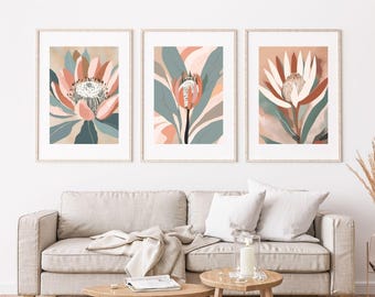 Set of 3 Protea Wall Art Prints | Neutral Botanical Floral Posters | Abstract Earth Tone Digital Download | Japandi Boho Home Decor