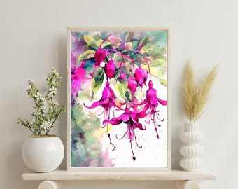 Gedurfde fuchsia bloemenmuurkunst | Moderne botanische afdrukbare kunst | Expressieve roze bloem digitale download | Maximalistische woondecoratie