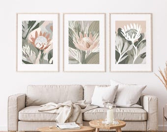 Set of 3 Protea Wall Art Prints | Soft Botanical Floral Posters | Neutral Abstract Flower Digital Download | Japandi Boho Home Decor
