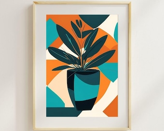Bold Botanical Wall Art | Abstract Plant Printable | Mid-Century Modern Potted Leaf Poster | Colorful Digital Download