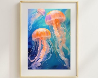 Vibrant Jellyfish Wall Art | Abstract Ocean Animal Printable | Dreamy Sea Life Digital Painting | Coastal Decor Download