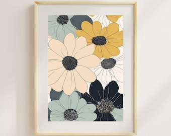 Neutral Floral Wall Art | Mid Century Daisy Printable Art | Minimal Botanical Digital Download | Beige & Olive Flower Poster