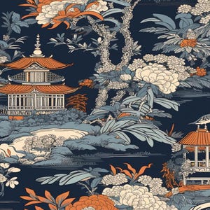 May include: A detailed illustration of an Asian-inspired landscape. The design features pagodas, birds, and floral elements in shades of navy, orange, white, and gray. The overall aesthetic is reminiscent of traditional Asian art.