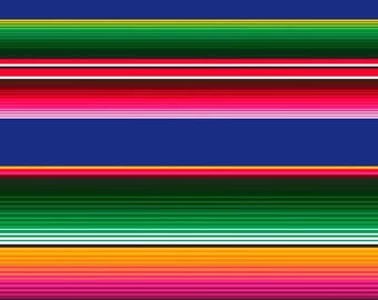 May include: A vibrant, colorful textile pattern featuring horizontal stripes in shades of green, red, white, pink, yellow, and blue. The design is reminiscent of a traditional Mexican serape blanket.