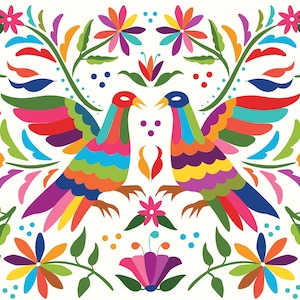 May include: A vibrant, symmetrical design featuring two colorful birds facing each other, surrounded by floral and leaf motifs. The birds and flowers display a rainbow of colors against a white background, creating a lively and festive aesthetic.