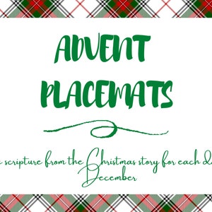 Op de afbeelding: Een wit printbaar ontwerp met een groene geruite rand en de tekst "Advent Placemats" in groen. De tekst eronder luidt "Een schrift uit het kerstverhaal voor elke dag in december."
