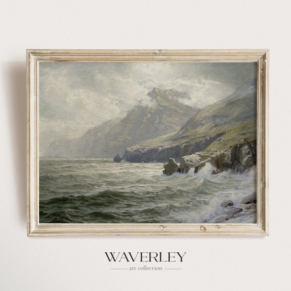 Irish Wall Art Print, Vintage Landscape Painting, Ireland Coastal Green Ocean Print, 19th Century Nature Artwork, Printable Download 560