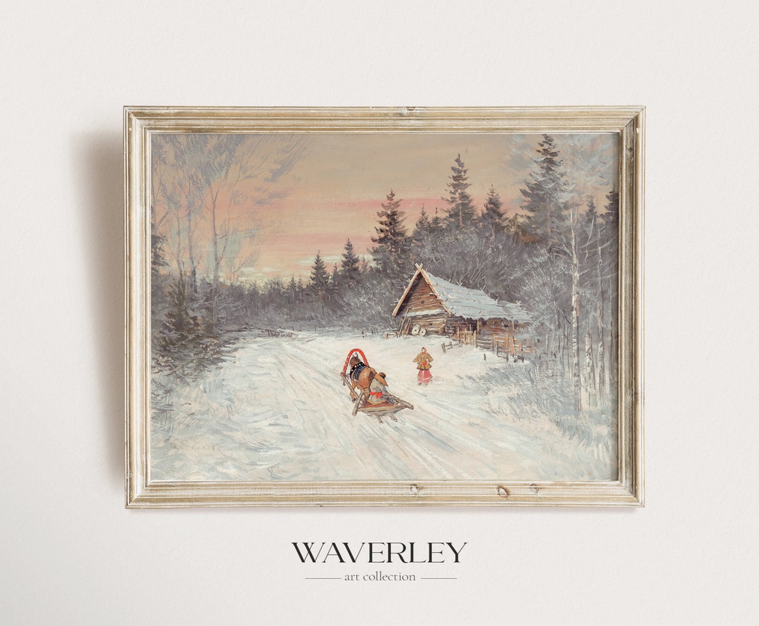 Vintage Christmas Painting, Winter Scene Wall Art Print, Forest Landscape, Snow, Xmas Wall Art