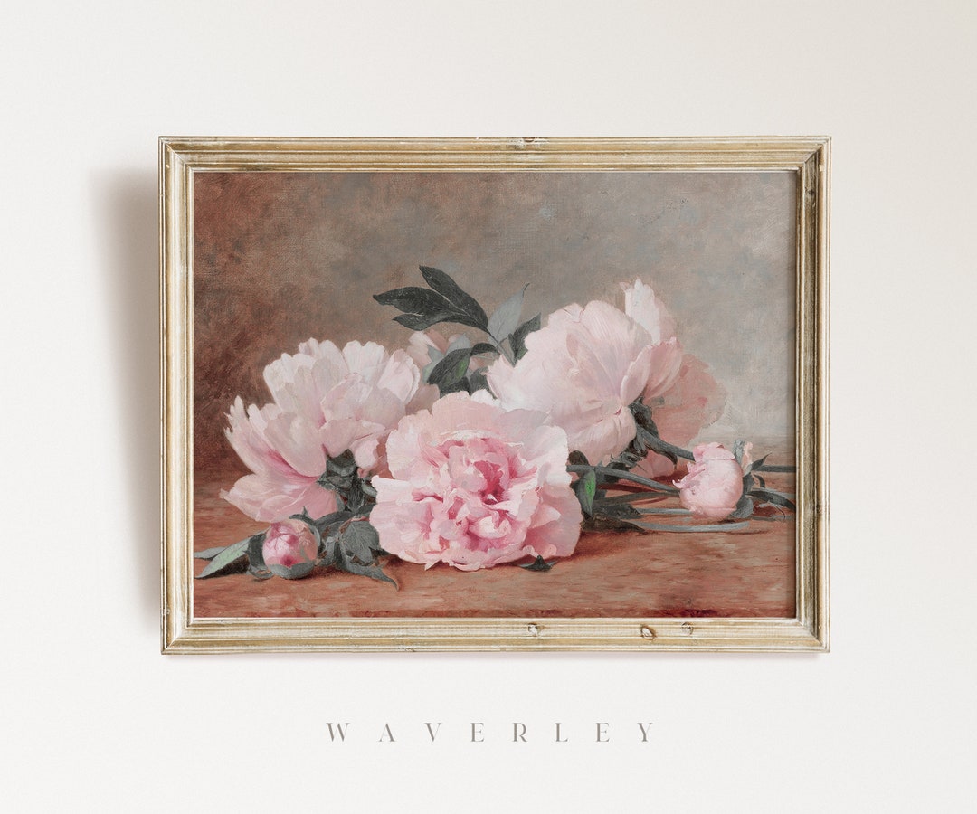 Vintage Pink Peonies, Floral Wall Art, Still Life Painting, Pink ...