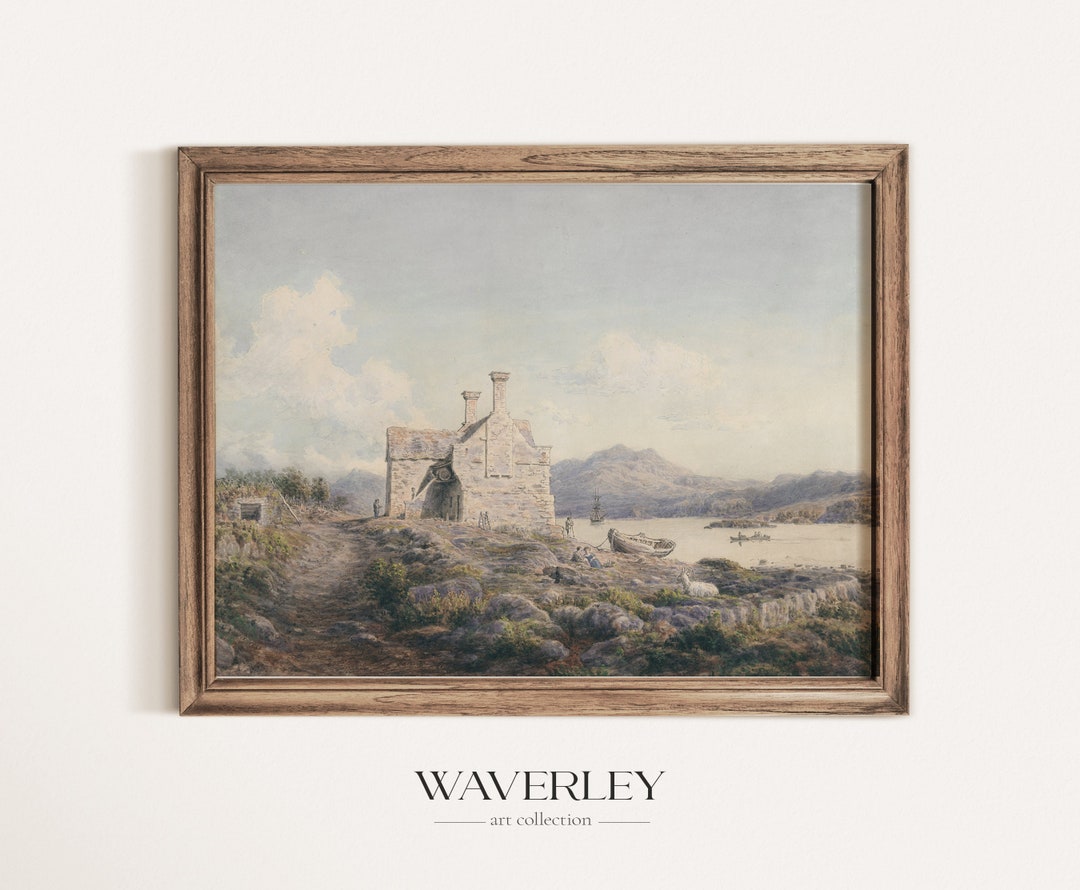 Vintage European Wall Art Rural House Print Old Painting Farmhouse Decor 20th Century Cool Tones