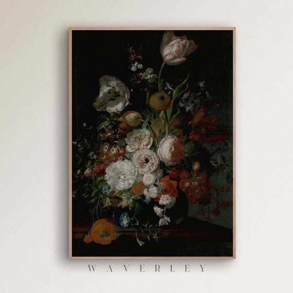 Dark Floral Art Print, Moody Botanical Wall Art, Vintage Roses Wall Print, Dark Academia Poster, Black Floral Decor, Printable Download 658