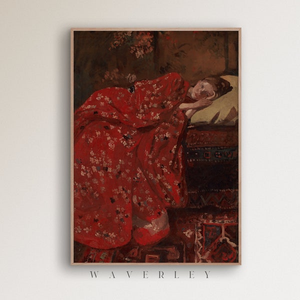 Moody Portrait of A Woman, Vintage Wall Art, Woman in Red Dress, Painting of A Woman, Eclectic Decor, 19th Century Poster, Download 676