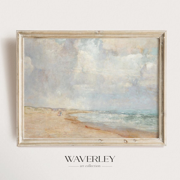 Vintage Coastal Painting,  Abstract Seaside Oil Painting, Pastel Tones Artwork, Ocean Watercolor, 19th Century, Instant Download 151