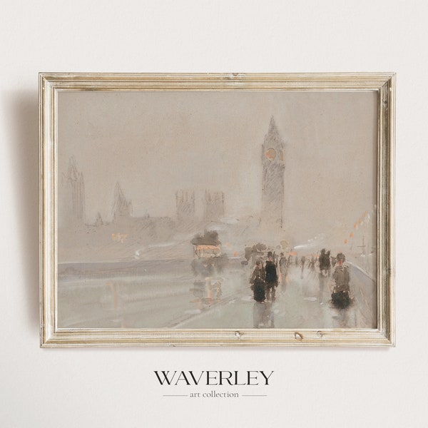 Antique London Painting, Muted Moody City Print, Rain Wall Art, Big Ben, Neutral Vintage European, 19th Century, Instant Download #311