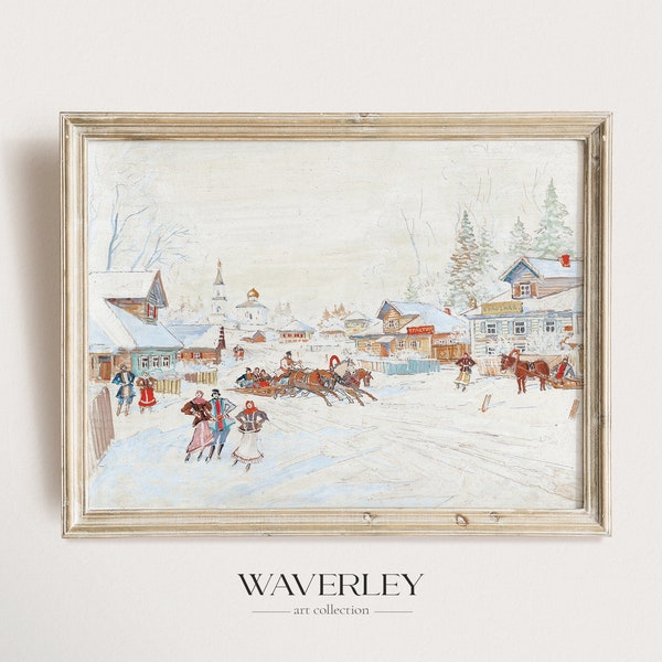 Christmas Scene Painting, Winter Wall Art Print, Winter Village Painting, Vintage Snow Scene Print, 19th Century Printable Download 529