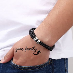 Pulsera de cuero trenzado para hombre en plata de ley 925, regalo para el día del padre, pulsera con nombre de familia, regalo para él, regalo para el esposo, regalo de aniversario