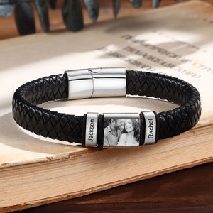 Personalised Men&#39;s Photo Leather Bracelet, Engraved Picture Name Bracelet,Men Jewelry, Father&#39;s day Gifts, Gift for Him