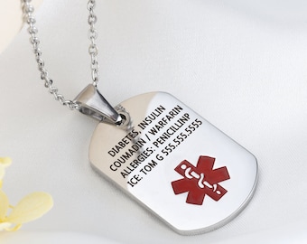 Medical Alert Necklace, Medical ID Necklace, Diabetes Necklace, Medical Jewelry, Emergency Necklace, Custom Medical ID Jewelry,Gift For Him