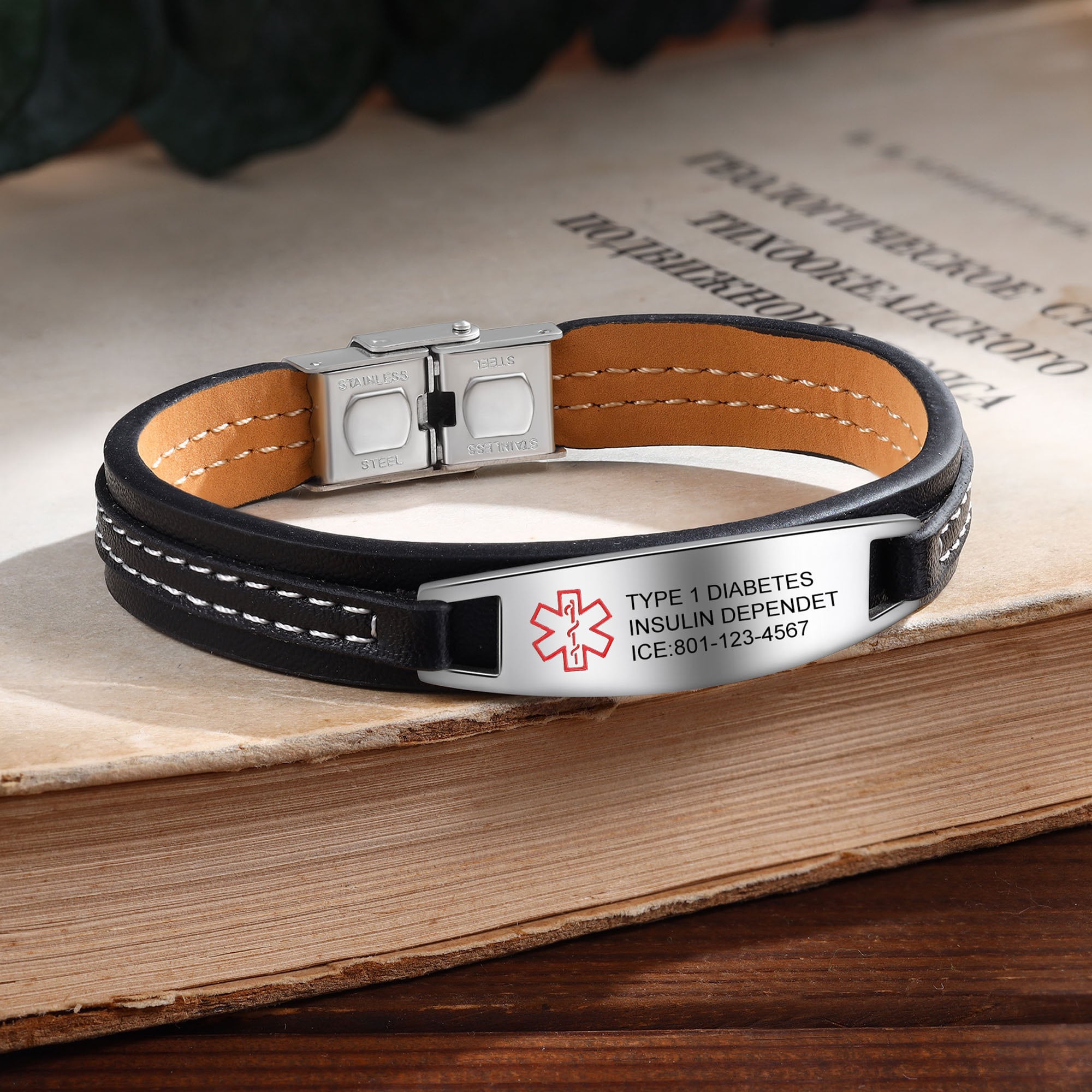 Medical Alert ID Bracelet for Men, Men Leather Medical Bracelet 