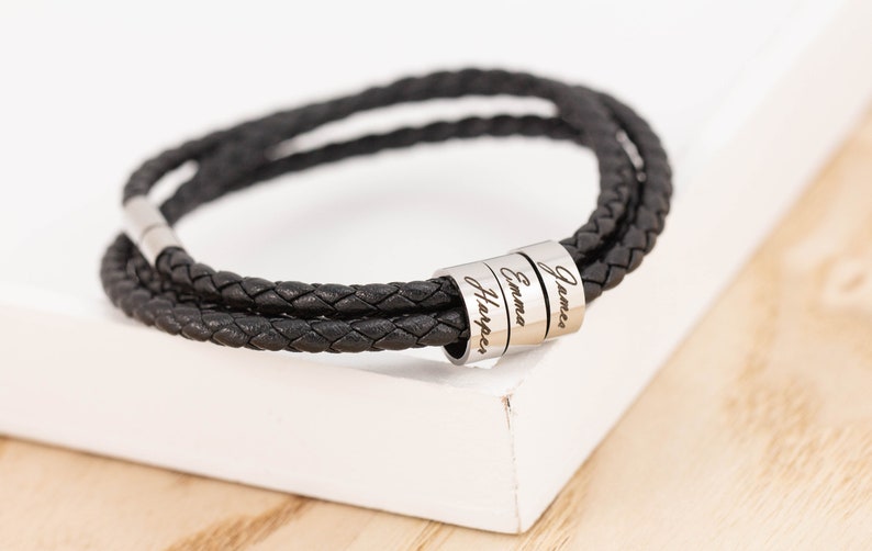 Mens Braided leather Bracelet, Father's Day Gift, Family name Bracelet, Gift for him, Husband Gift, Boyfriend Gift, anniversary gift image 2