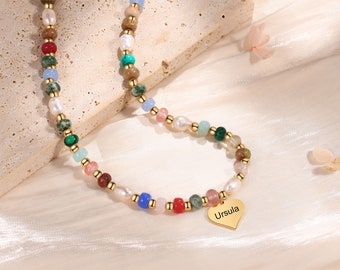 Multi Color Natural Stone Necklace with Heart charm, Custom Name Beaded Necklace, Gemstone Necklace, Gift For Her