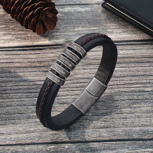 Pulseira de couro masculina, pulseira com nome de família, presente de dia dos pais, presente para ele, presente de marido, presente de namorado, presente de aniversário