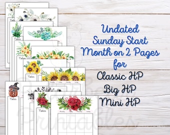 Printable, Undated Planner, Seasonal, Month on 2 Pages, Monthly, Happy Planner Insert, Mini Hp Big HP, Classic HP, PDF Plan, Sunday Start