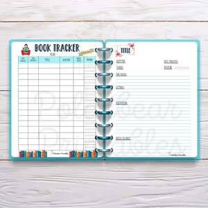 May include: A printable book tracker with a blue and white design. The left page has a table with columns for date started, date finished, title, author, book mood, and rating. The right page has a section for title, author, genre, time period, settings, description, and notes/feelings.