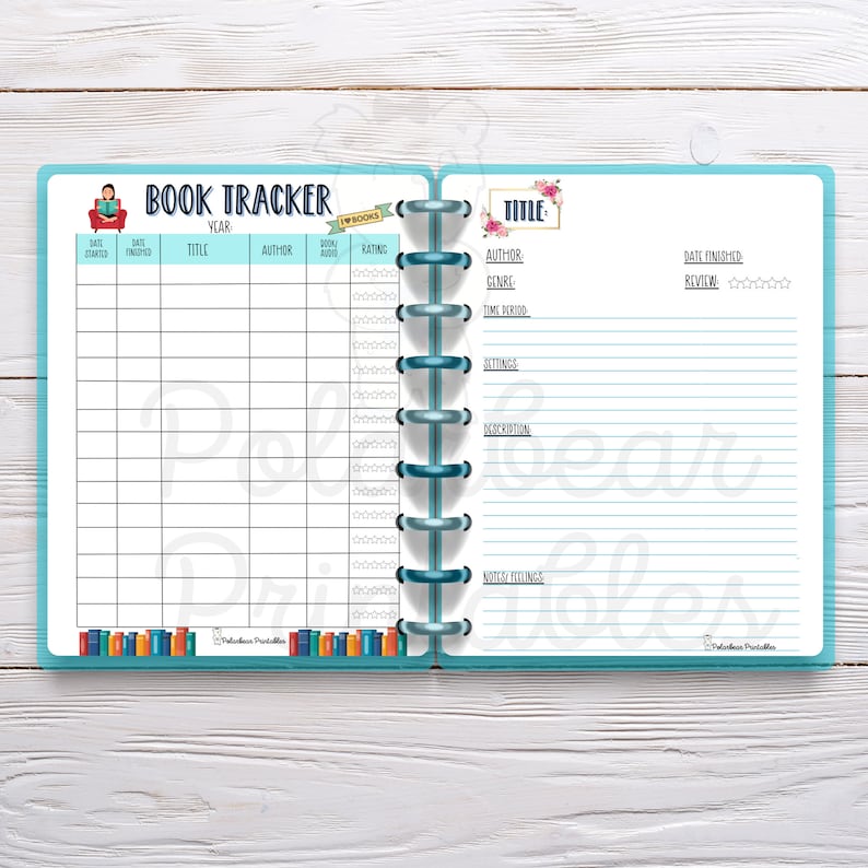 May include: A printable book tracker with a blue and white design. The left page has a table with columns for date started, date finished, title, author, book mood, and rating. The right page has a section for title, author, genre, time period, settings, description, and notes/feelings.
