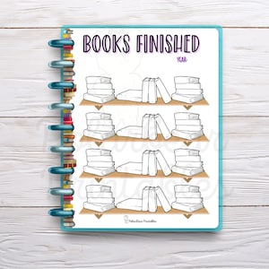 May include: A printable book tracker with the title "BOOKS FINISHED" and a space to write the year. The tracker has three shelves with stacks of books on each shelf. The books are outlined in black and ready to be colored in.