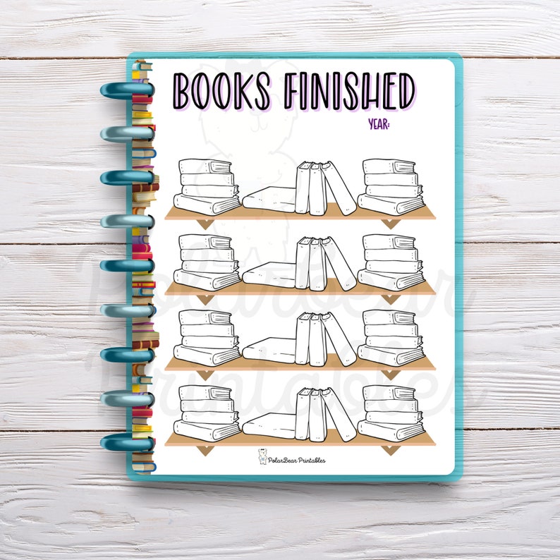 May include: A printable book tracker with the title "BOOKS FINISHED" and a space to write the year. The tracker has three shelves with stacks of books on each shelf. The books are outlined in black and ready to be colored in.