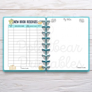 May include: A printable planner page with a light blue background and a section for new book releases. The page has columns for release date, book/series name, book number, where to read, and bought. The page also has a section for notes.