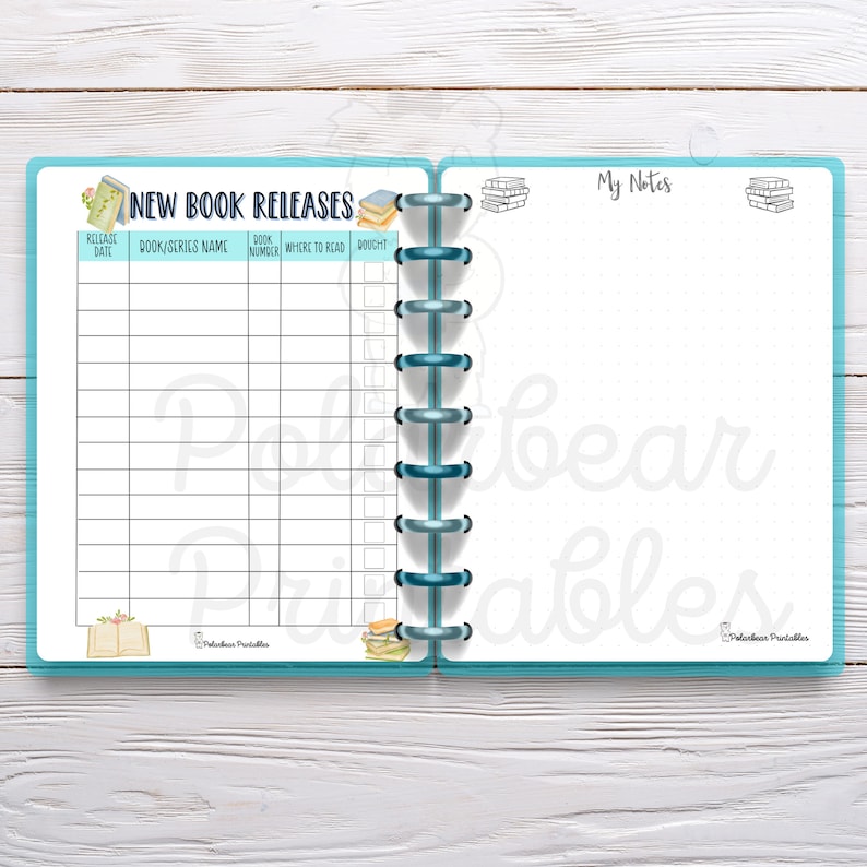 May include: A printable planner page with a light blue background and a section for new book releases. The page has columns for release date, book/series name, book number, where to read, and bought. The page also has a section for notes.