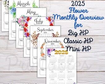 Printable 2025 Month Overview, Classic Happy Planner, Mini HP, Big HP, Planner with Flowers, Printable Planner, PDF Planner Page