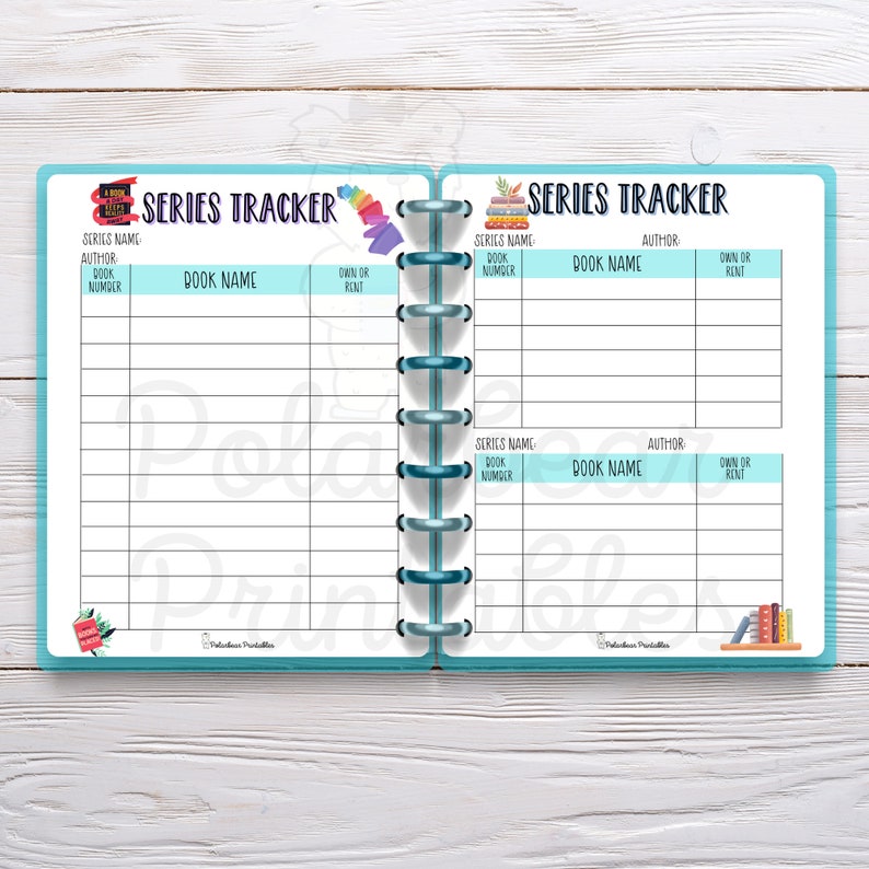 May include: A blue and white printable book tracker with a series name, author, book number, book name, and own or rent columns. The tracker is designed for keeping track of books in a series.